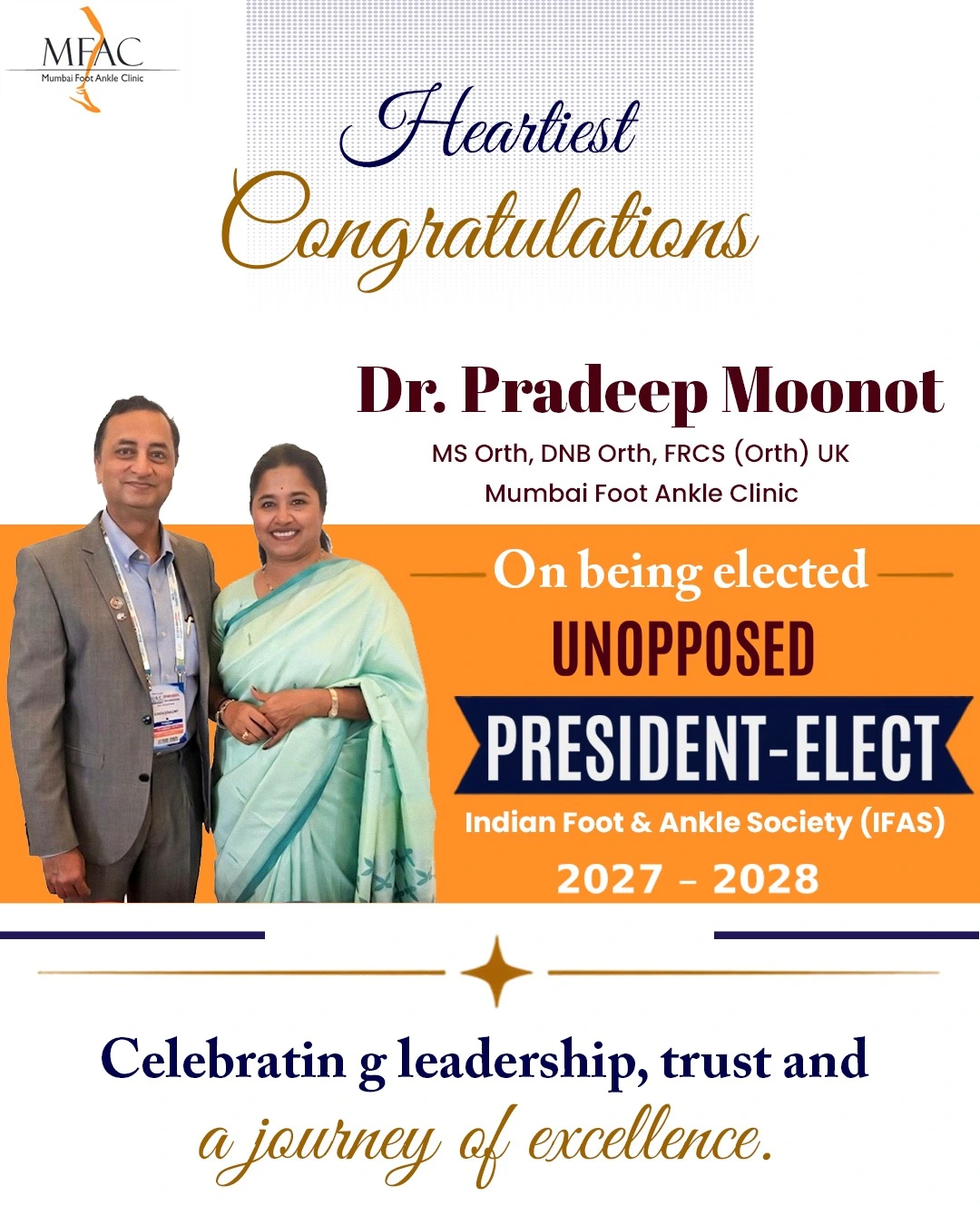 Dr. Pradeep Moonot with his wife Dr. Shilpa Moonot after his IFAS election