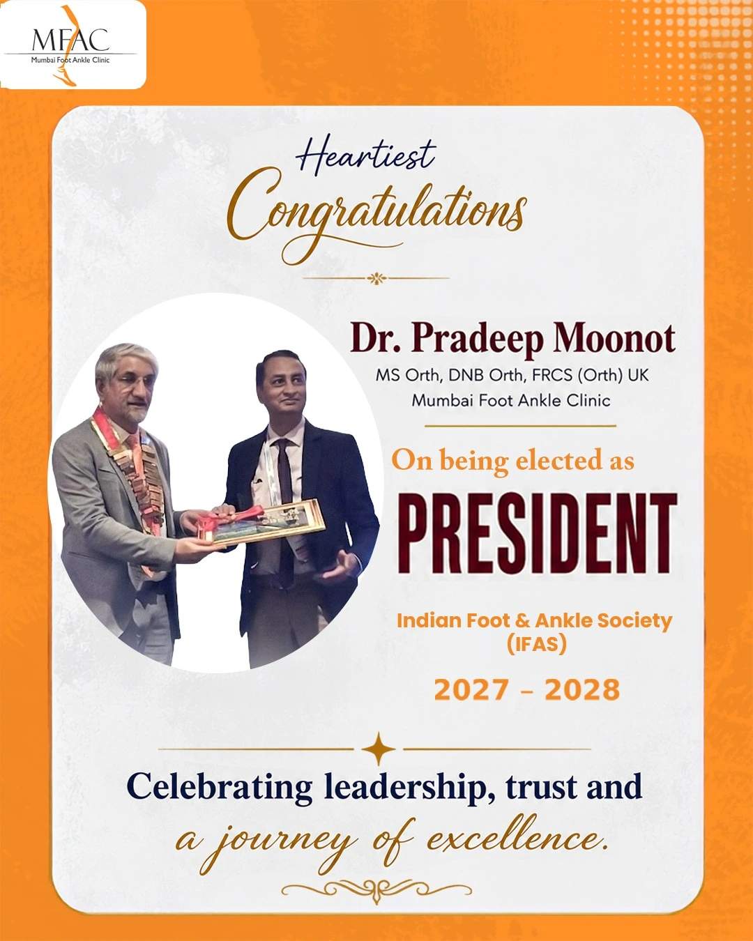Dr. Pradeep Moonot elected President of the Indian Foot & Ankle Society for 2027–2028