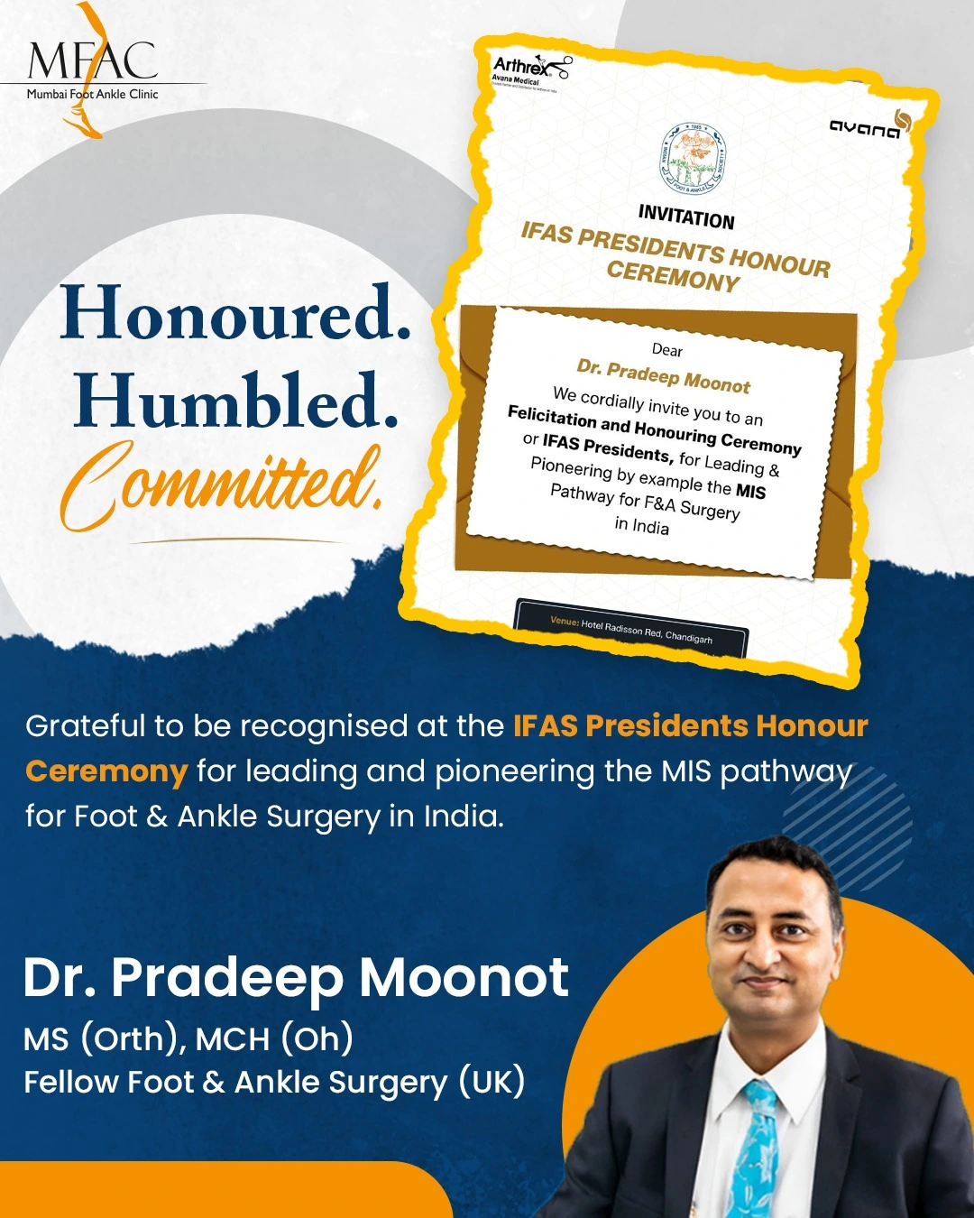 Dr. Pradeep Moonot honoured for pioneering MIS in Foot and Ankle Surgery